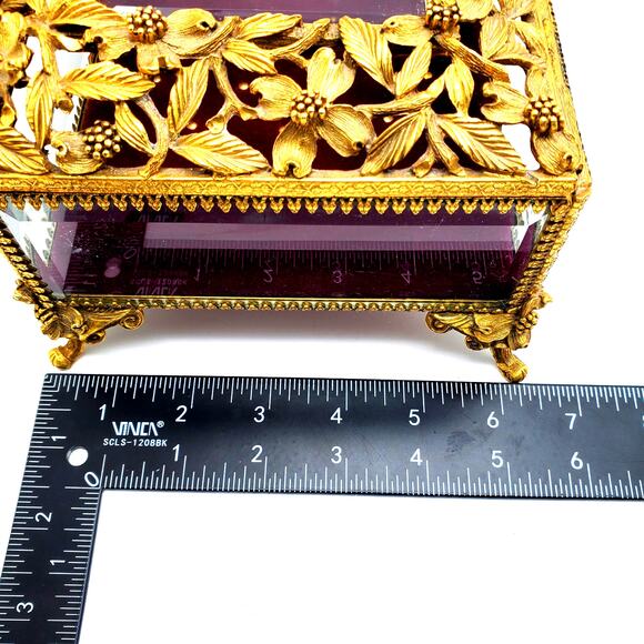 Matson Ormolu Jewelry Casket Box Dresser Vanity Case Gilt Metal Footed Burgundy - Picture 10 of 16
